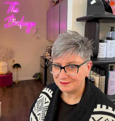 Modern Very Short Spiky Pixie for Women Over 50 with Eyeglasses