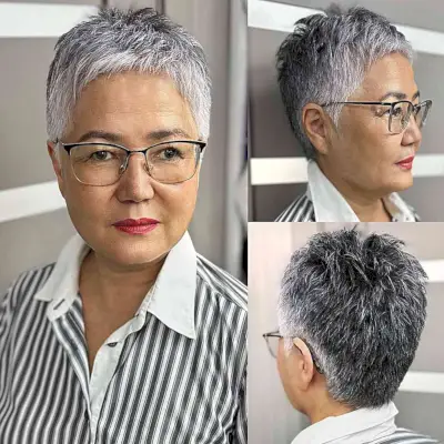 Stylish Silver Balayage for Short Haired 50-Year-Olds with Glasses