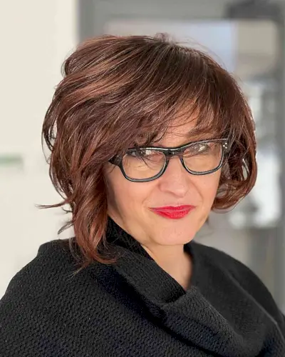 Dark Auburn Sweeping Bob for Women Aged 50 with eyeglasses 