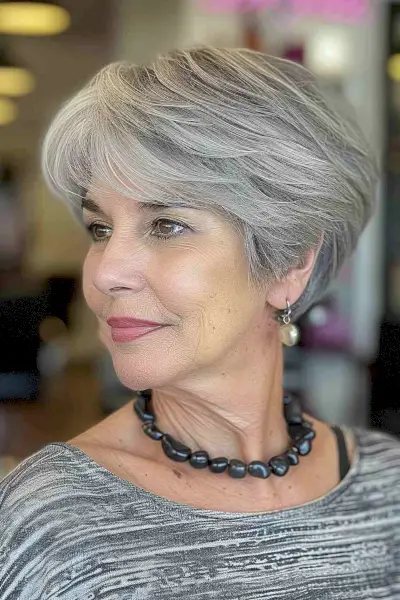 Very short layered bob for women turning 60 with soft layers and natural gray color.