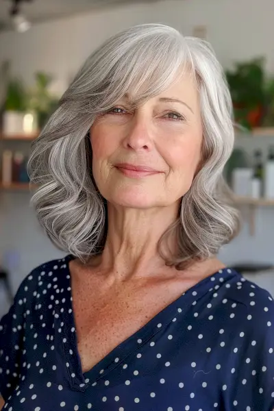 Razor Cut Lob with Long Side-Swept Bangs for women turning sixty