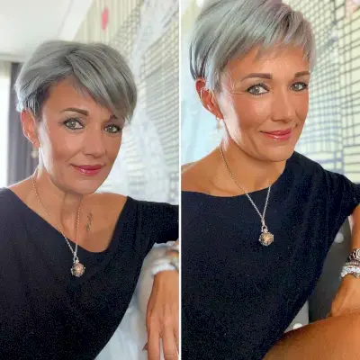 A sixty year old with a Silver Pixie with Bangs