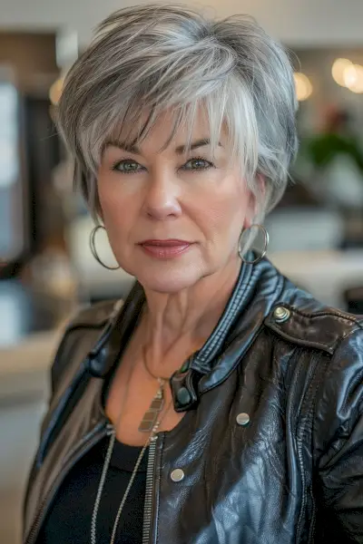 Edgier Short Bob with Lots of Layering on a sixty-year-old woman