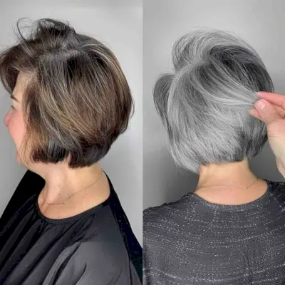 Dimensional short layered bob for 60-year-old women with fine grey hair