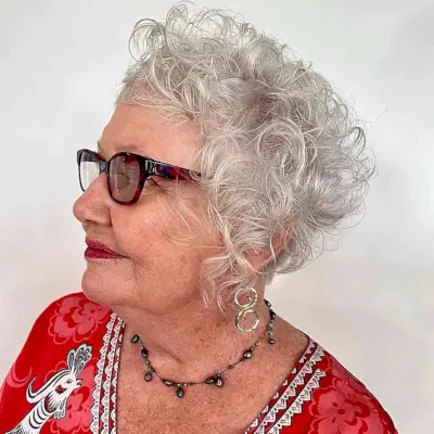 Curly Asymmetric Graduation for 60-Year-olds with thin hair and eyeglasses