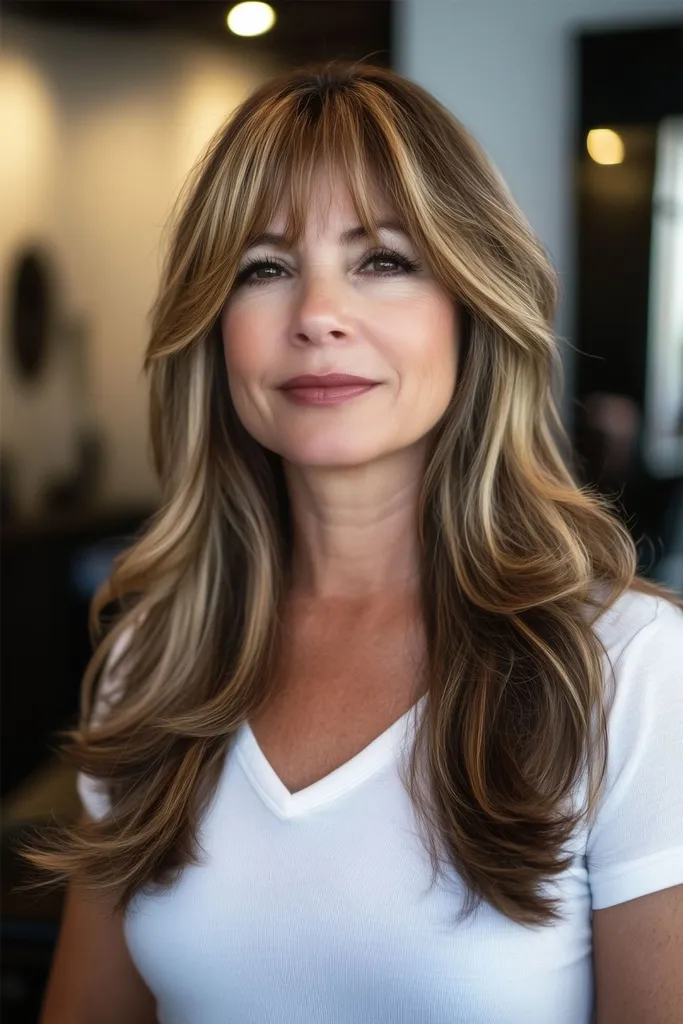 Brunette met goudbruine highlights' title=