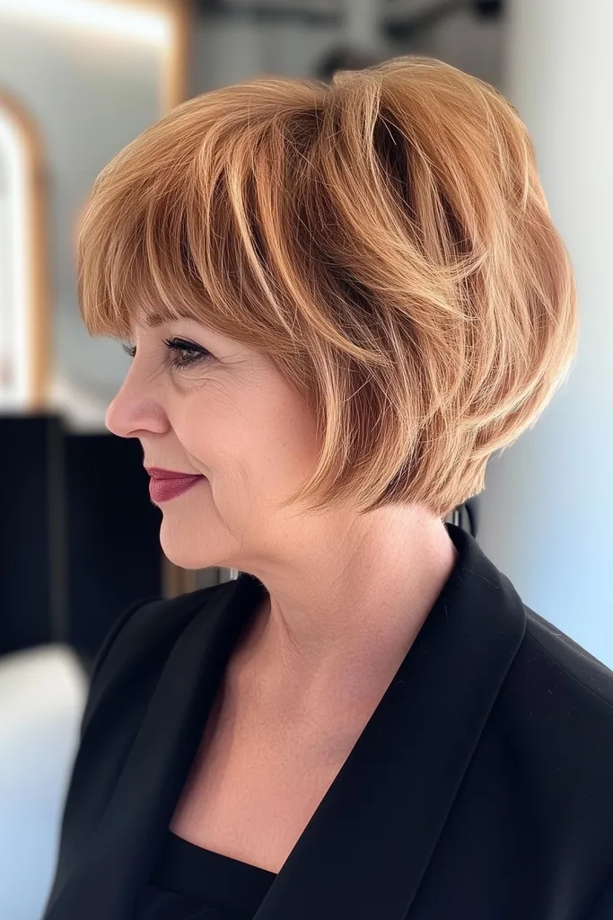 goudkleurig toffeehaar voor vrouwen van in de vijftig' title=