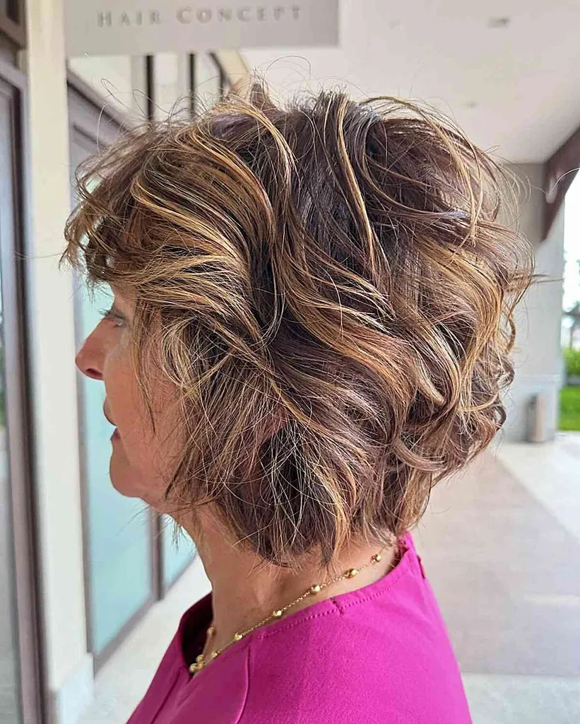 Voluminøs bølget bob i nakkelængde til en gammel dame' title=