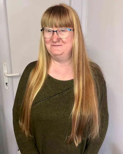 Full Bangs on Long Sleek Straight Hair for Mature Ladies with Glasses