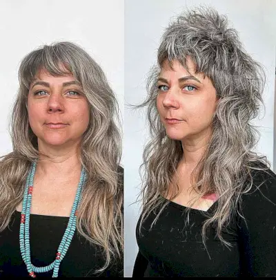 Long Messy Gray Mullet Shag for women aged 50
