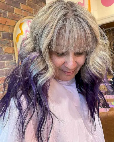 Purple Reverse Balayage on Long-Length Hair with Light Fringe for Older Ladies Aged 50