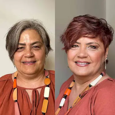 Short Pixie Makeover with Sweeping Fringe for 50-Year-Olds with Round Faces