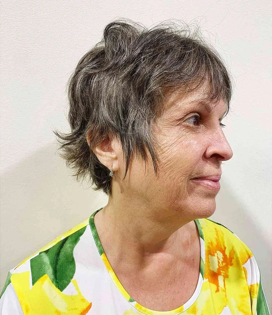 Īsa garuma moderna kefale ar pinkainiem slāņiem 60 gadus vecām dāmām' title=