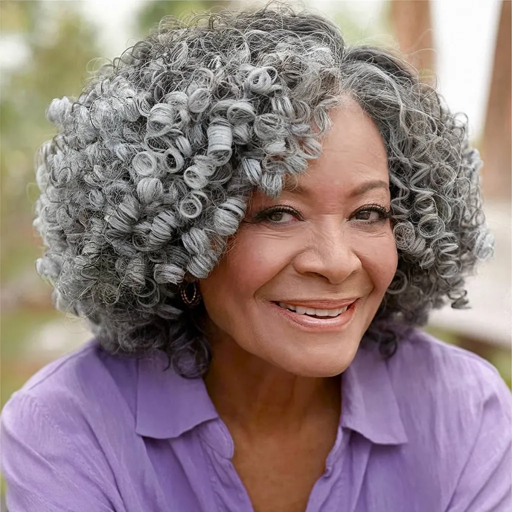 Naturlige krøllete frisyreideer for svarte kvinner over 60 år' title=