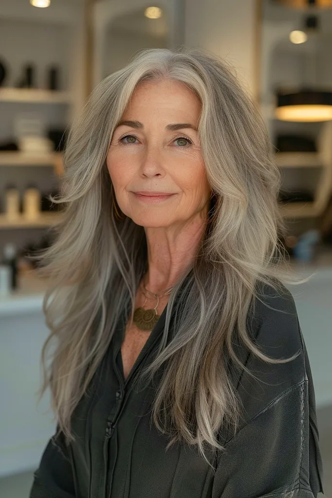 Peinado en capas hasta la cintura para mujeres mayores de 60 años.' title=