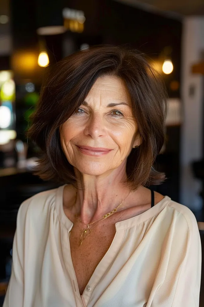 Peinado en capas hasta los hombros para mujeres mayores de 60 años.' title=