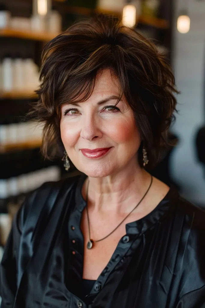 Peinado de textura corta para mujeres con caras redondas.' title=