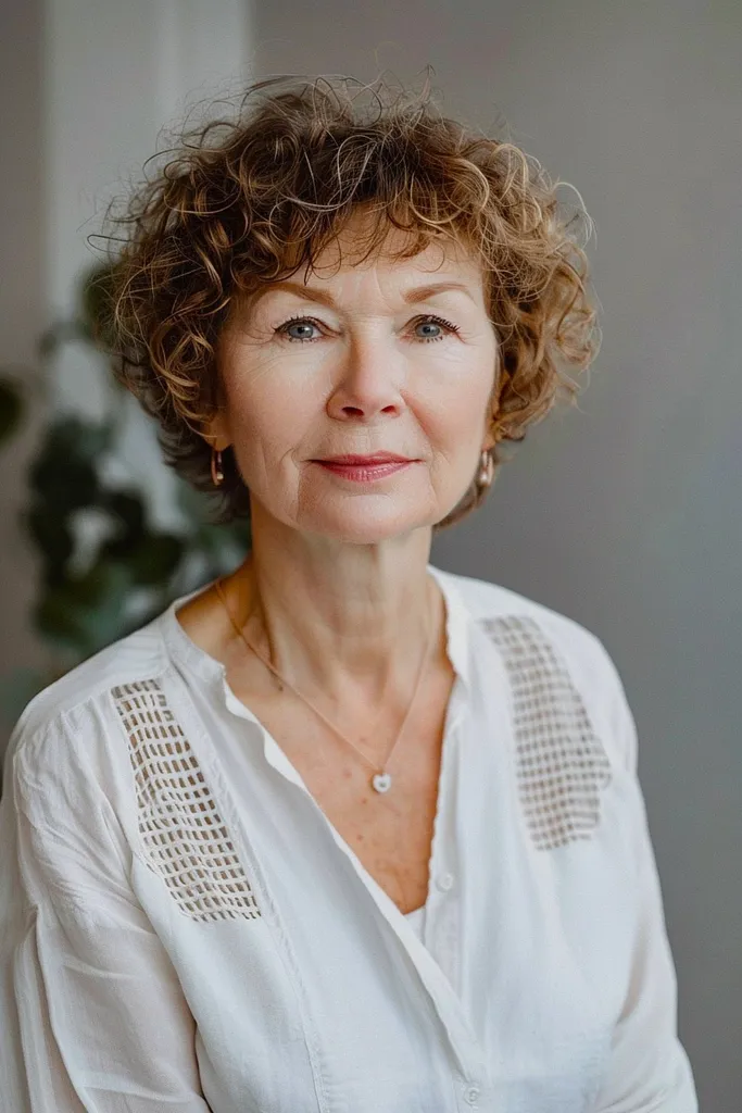 Corte de pelo corto en capas para mujeres con cabello rizado mayores de 60 años.' title=
