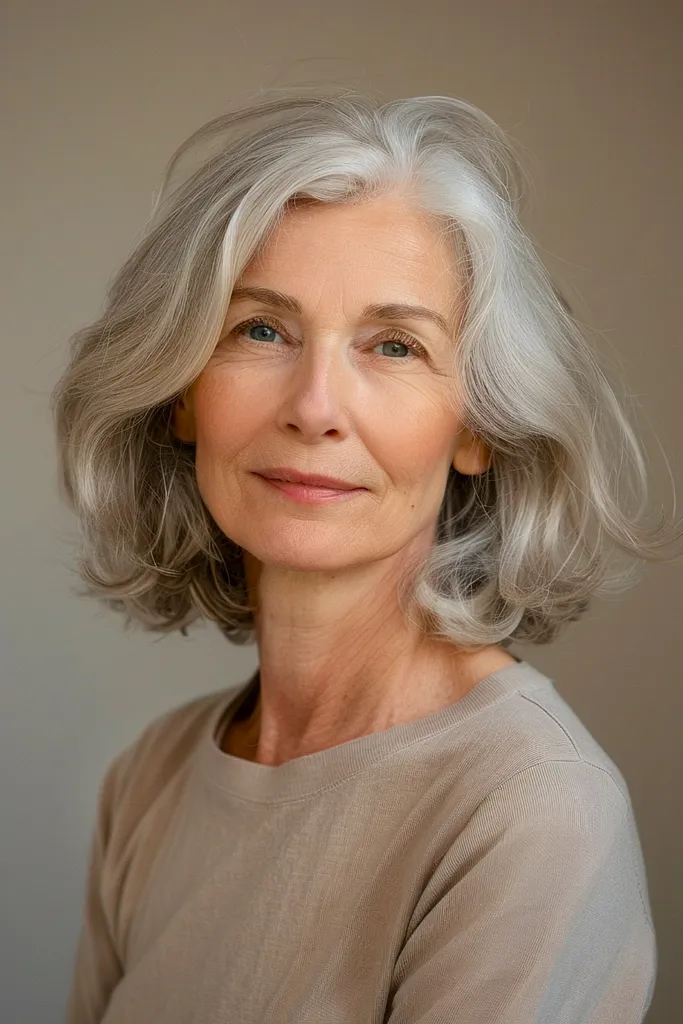 Peinado bob en capas con puntas rizadas para mujeres mayores de 60 años' title=