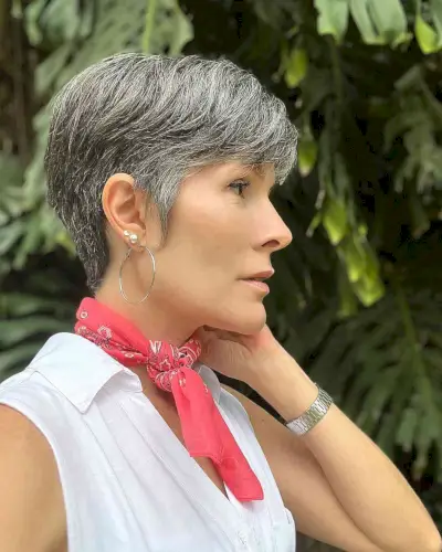 Sweet Silver Pixie with Sideburns for a Lady Over 50