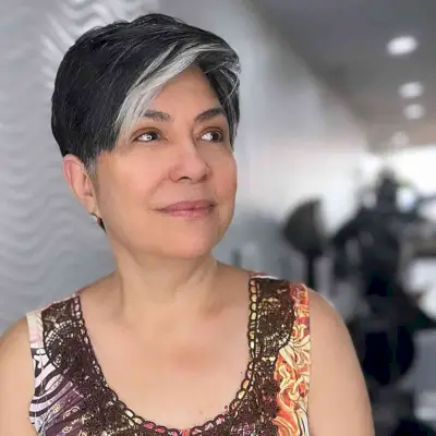 Jet Black Pixie with a Money Piece for 50-Year-Olds