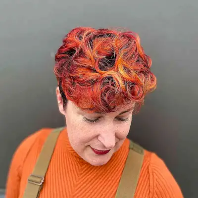 Fire Copper Short Hair with Textured Layers and Curls for Older Ladies