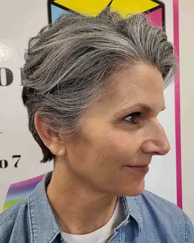 A 40-Year-Olds Brushed Back Wavy Bixie on Salt and Pepper Hair