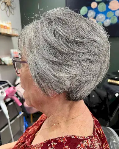 Salt-and-Pepper Feathered Bixie with Soft Layers for women 60s and up