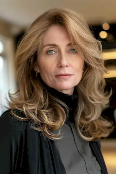 Woman with medium-length hair featuring choppy layers for added movement and volume.