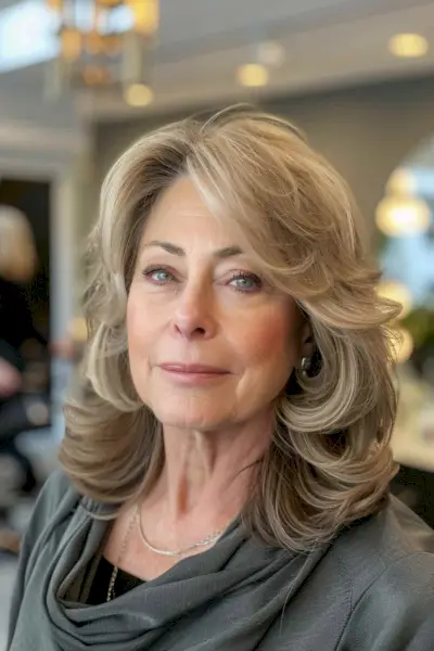 Woman with medium-length hair featuring face-framing layers, adding dimension and movement.