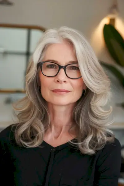 Woman with medium-length layered hairstyle and glasses, featuring soft waves.