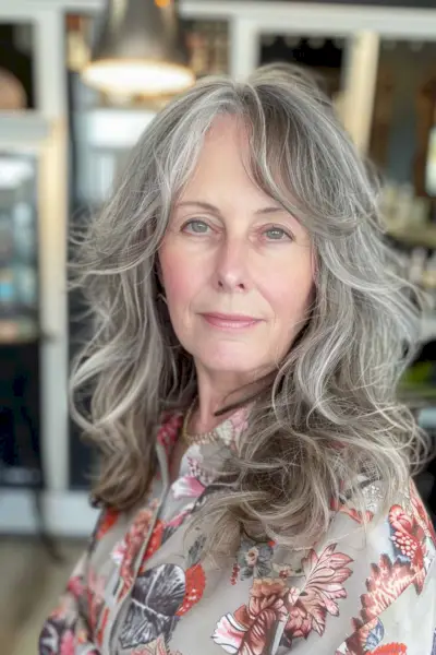 Woman with medium-length shag hairstyle featuring layered waves and soft bangs.
