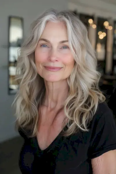 Woman with medium-length wavy blonde hair, featuring soft waves and subtle highlights.
