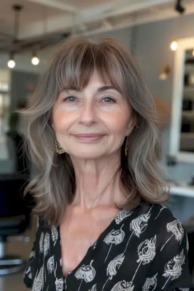 Woman with medium-length hair and thin bangs, showcasing a low-maintenance style.
