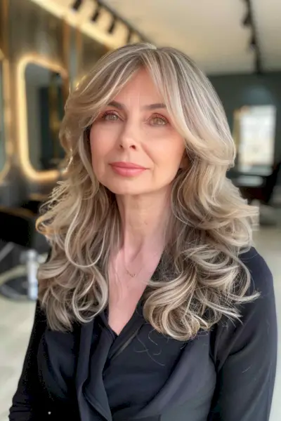 Woman with medium-length hair featuring soft layers and curtain bangs.