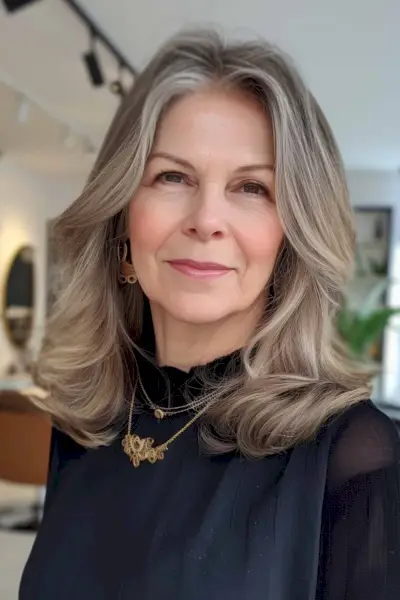 Woman with medium-length layered hair featuring soft, face-framing waves.
