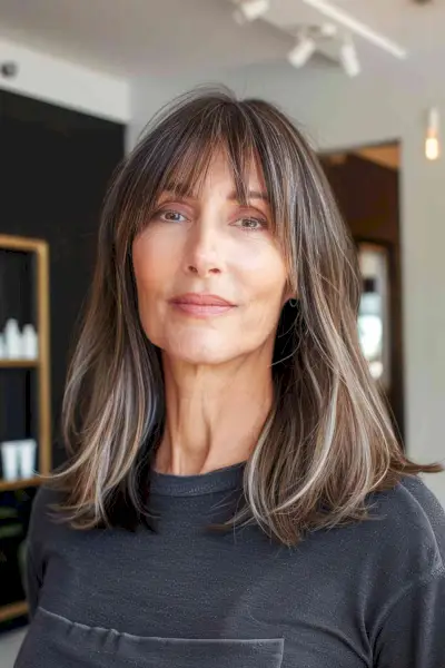 Woman with shoulder-length hair and wispy bangs, featuring subtle layers.