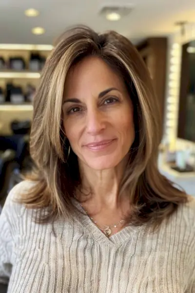 Medium-length layered bob with face-framing highlights on a mature woman.