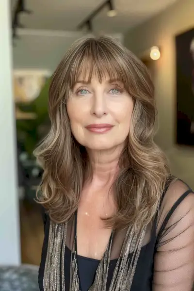 Woman with medium-length hair featuring highlights that add brightness and dimension.