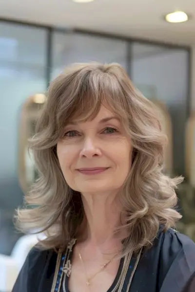 Woman with medium layered hair featuring textured ends for added volume and movement.