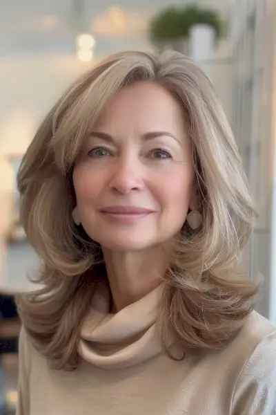 Woman with mid-length hair featuring feathered layers, creating a soft and airy look.