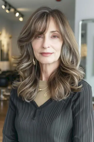 Woman with medium-length hair and side bangs, offering a touch of elegance and face-framing layers.