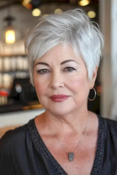 very short pixie for women over 60 with round face shapes
