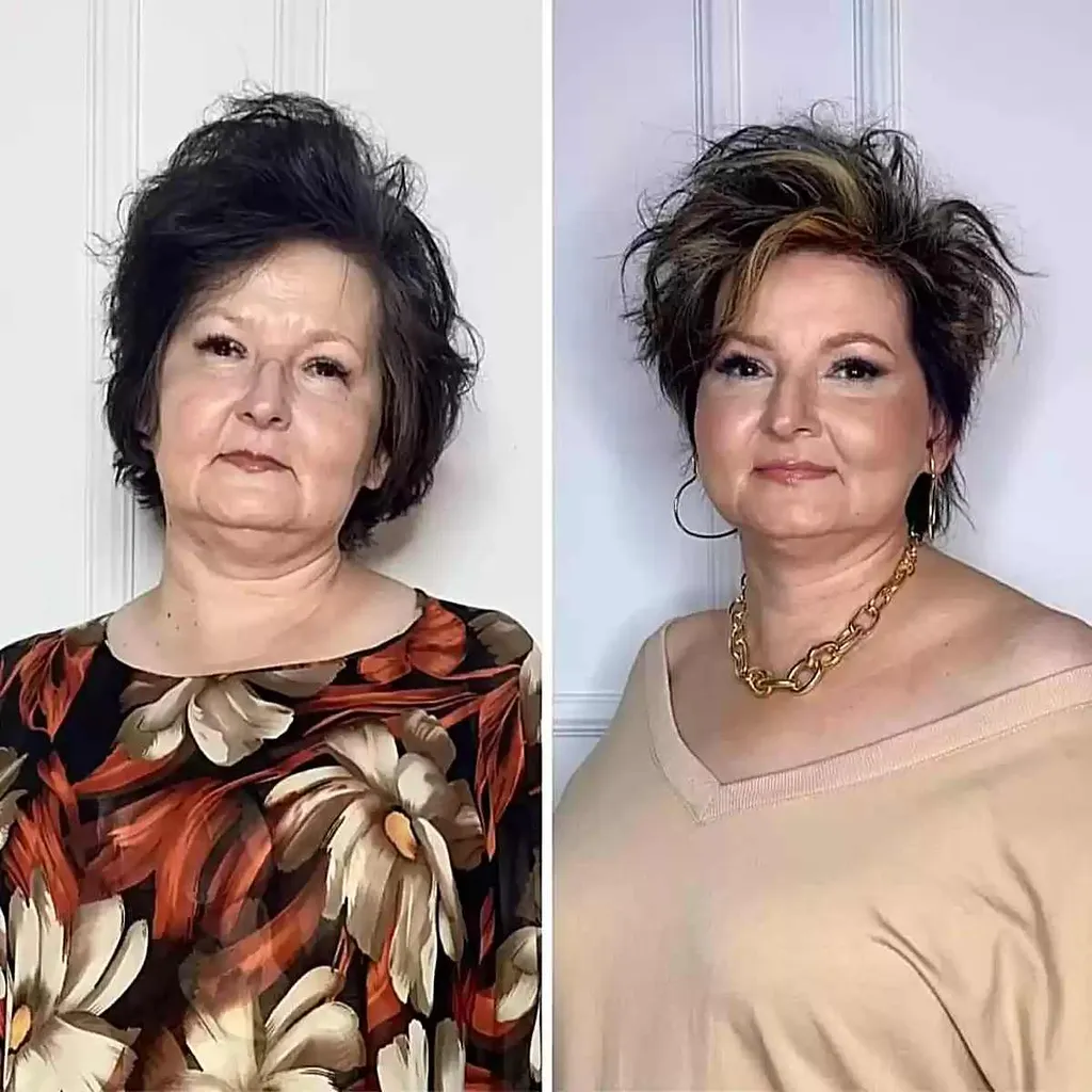 Corte curto e bagunçado em camadas para mulheres plus size com 60 anos' title=