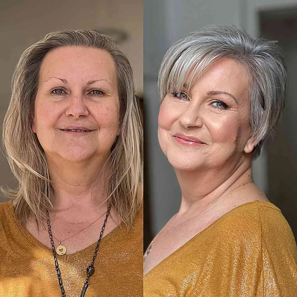 Zeer kort haar met blonde highlights en pony voor dames ouder dan 60' title=