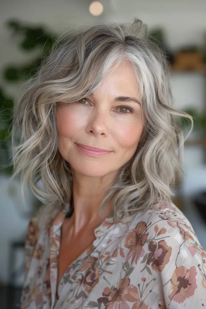 Nekārtīgs vidēji pinkains matu griezums sievietēm pēc 50 gadiem' title=