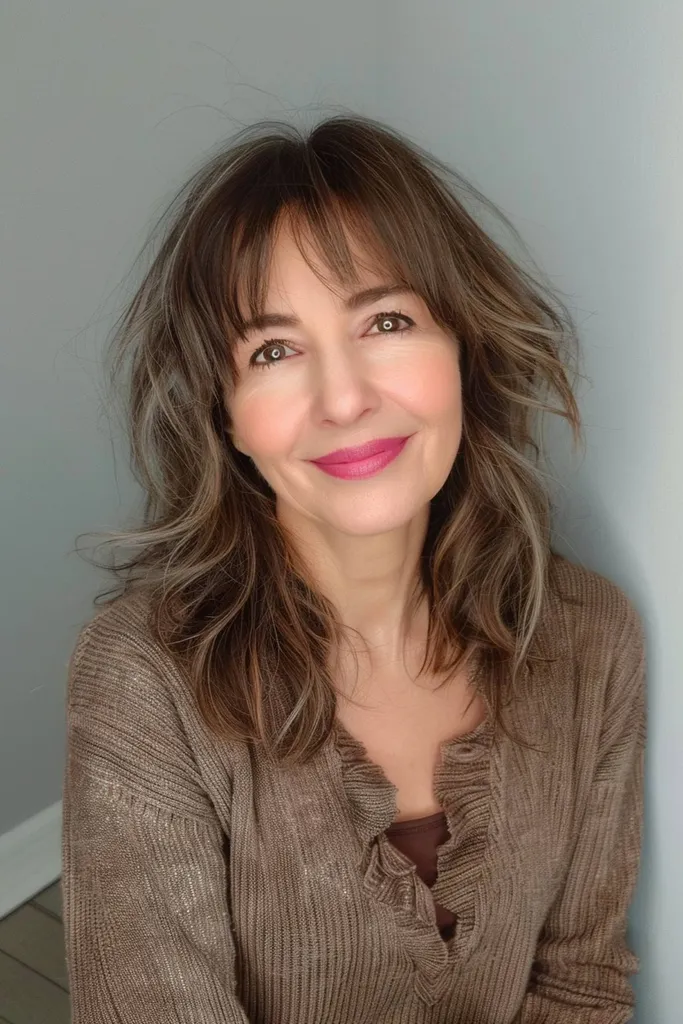 Vidēji matains matu griezums ar sprādzieniem sievietēm pēc 50 gadiem' title=