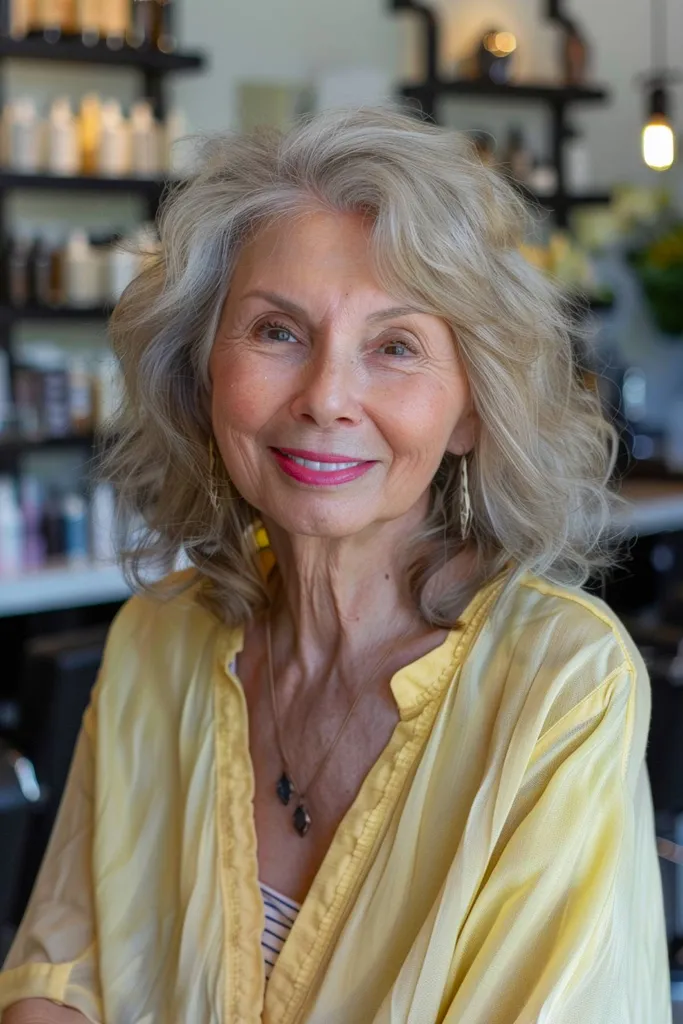 Vidēji matains matu griezums sievietēm pēc 50 gadu vecuma ar plāniem matiem' title=