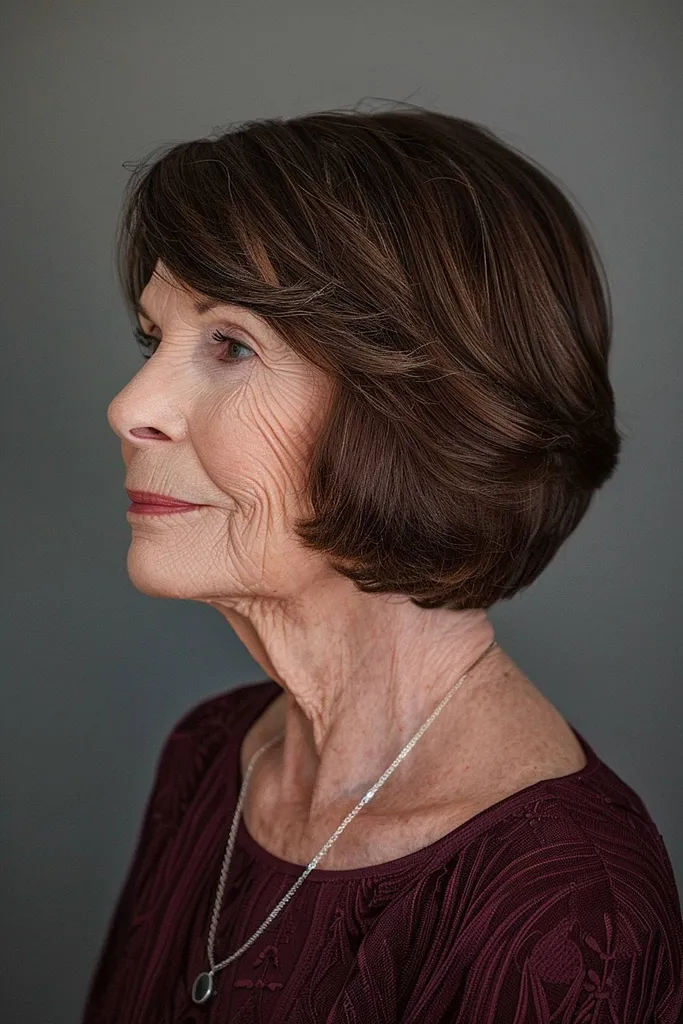 Caschetto corto castano con strati piumati' title=