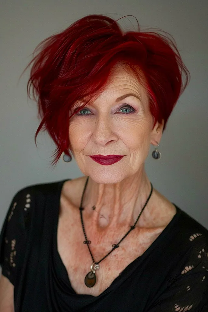 Bob corto edgy con strati asimmetrici e tonalità rossa' title=